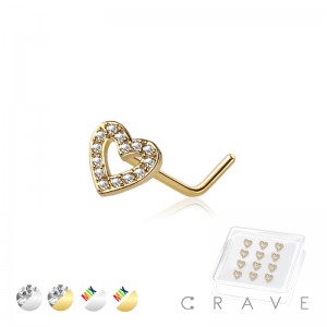 12PCS OF CZ PAVED HEART 316L SURGICAL STEEL L-SHAPE NOSE STUD BOX